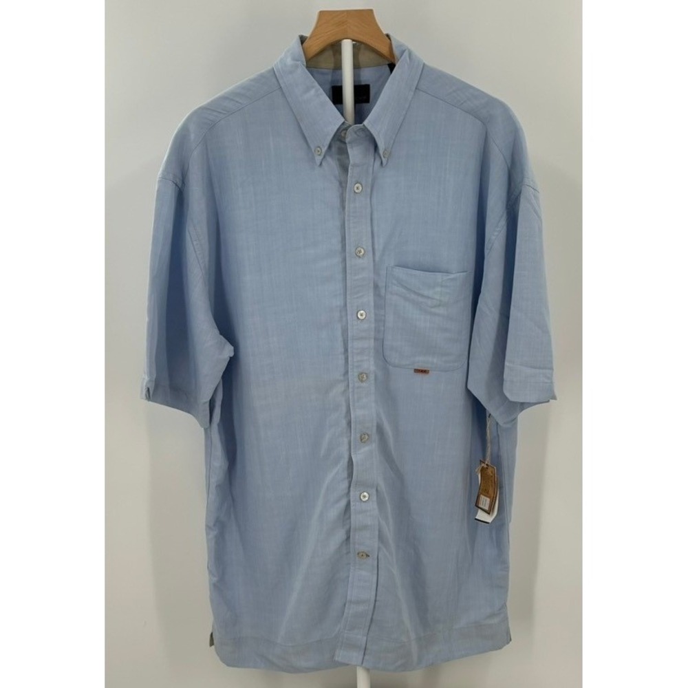 Oobe Sherman Mens Large Light Blue Short Sleeve Oxford Button Down Shirt Rayon
